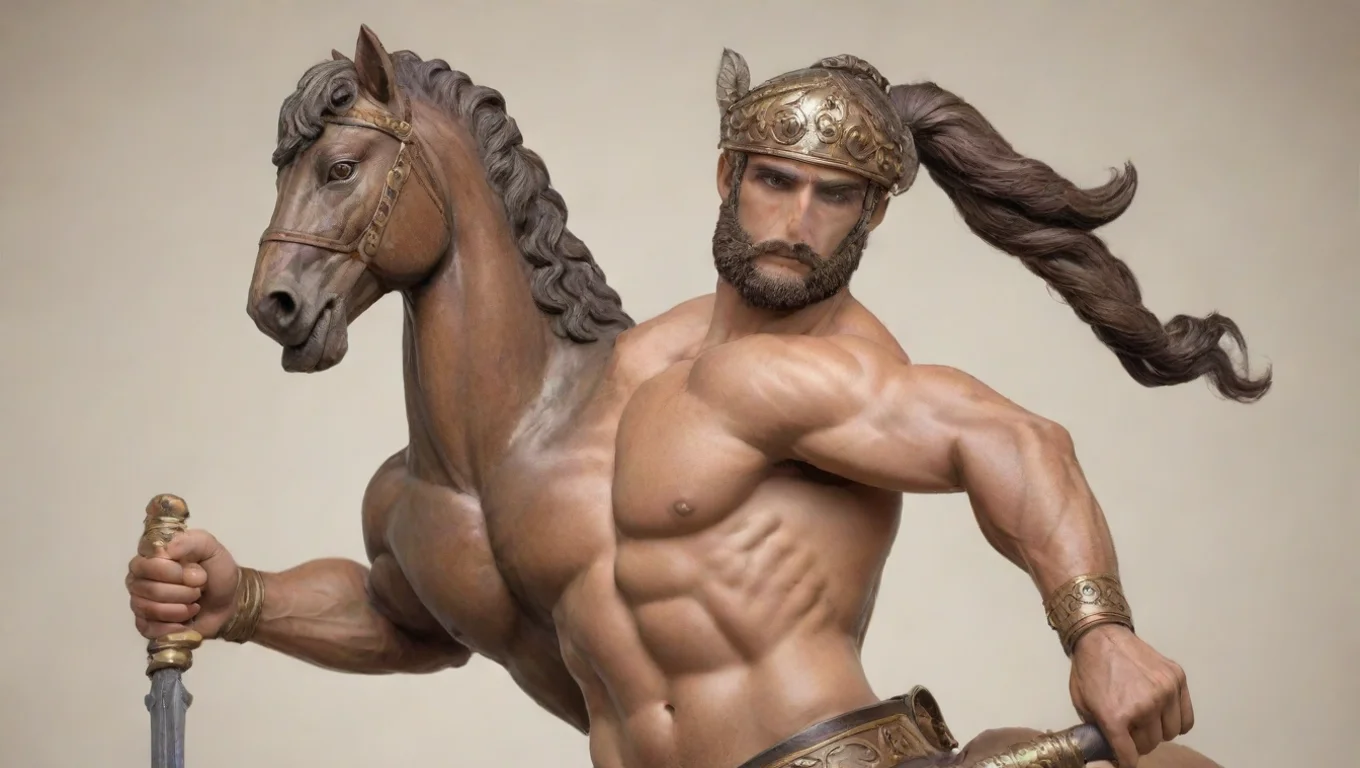 aiartstation art centaur half horse half man holding roman stylized weapon with helm on masculine eyes clear confident engaging wow 3 widescreen
