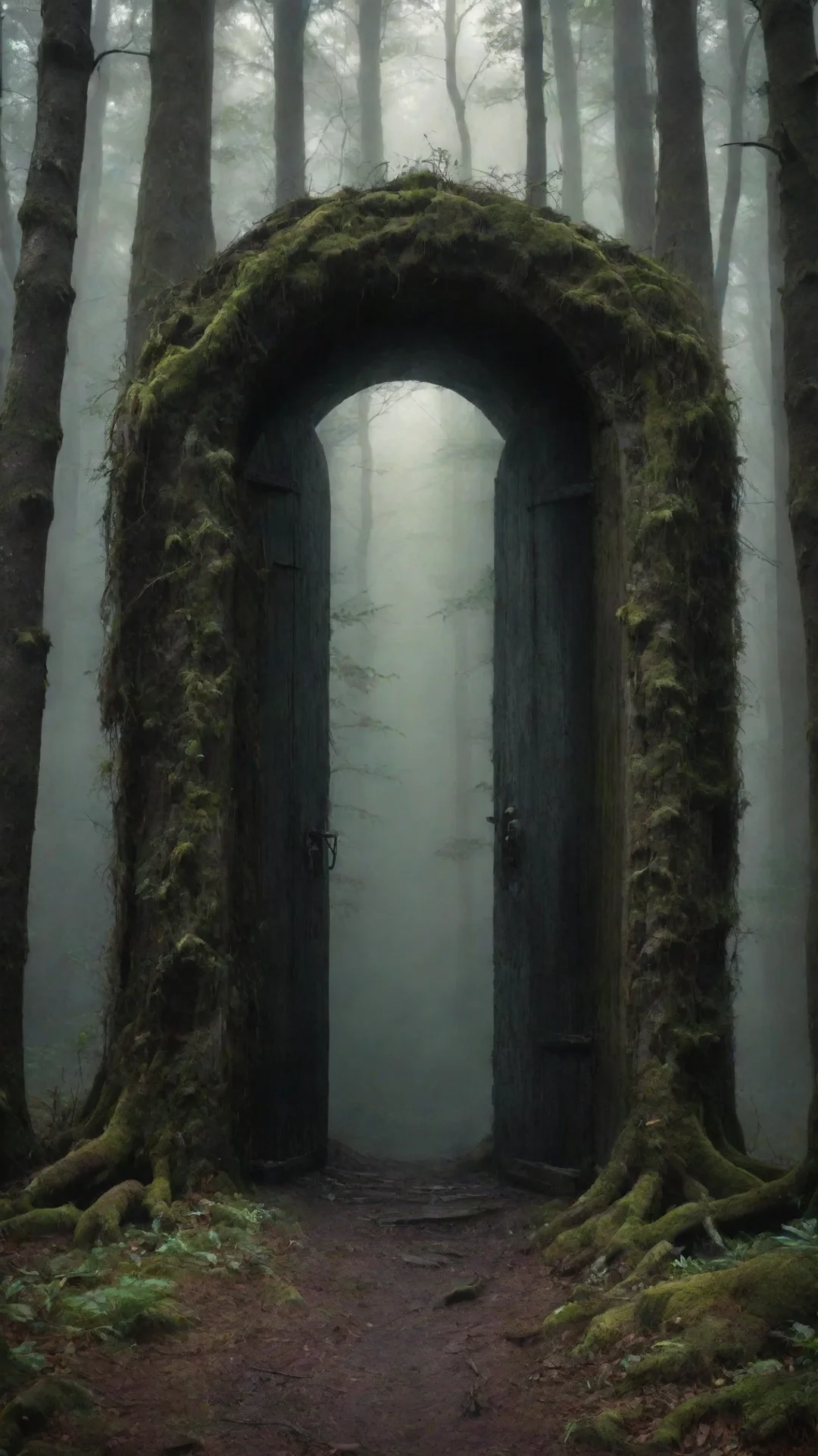 aiartstation art centered in the middle of the forest lays a door to another world a portal to another dimension dark and gloomy forest a confident engaging wow 3 tall