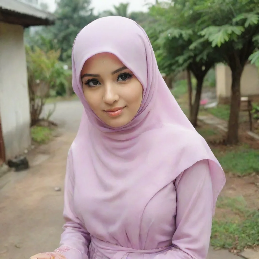 aiartstation art cewek cantik berhijab foto di teras rumah perumahan mewah confident engaging wow 3