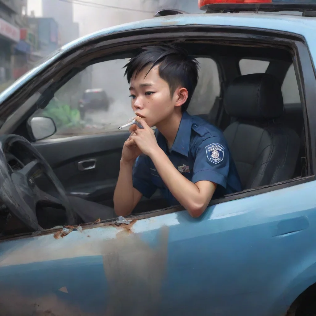 aiartstation art chinese boy   smoking weed in a crashed police car confident engaging wow 3