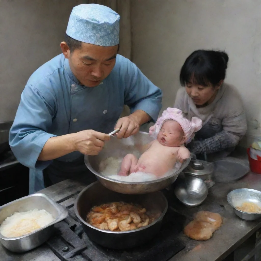 aiartstation art chinese man cooking a newborn baby confident engaging wow 3
