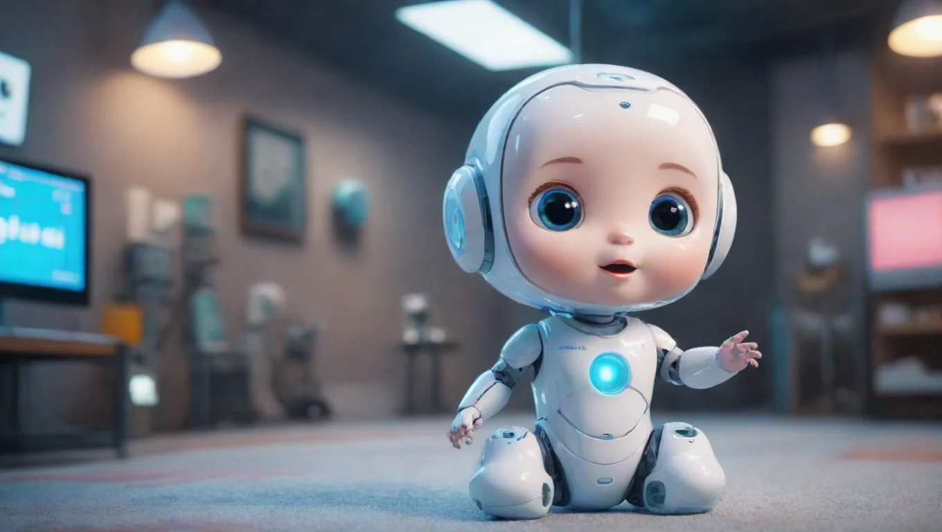 aiartstation art cute ai baby like robot helper happy amazing wonderland robotics futuristic fun enchanting environment confident engaging wow 3 widescreen