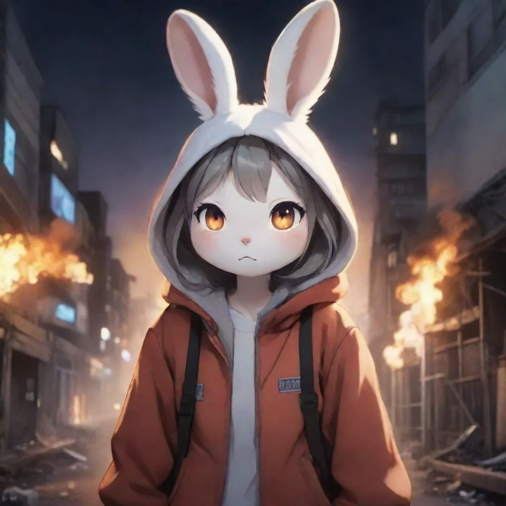 aiartstation art cute anime style anthropomorphic rabbit woman ptsd burning city warzone nighttime confident engaging wow 3