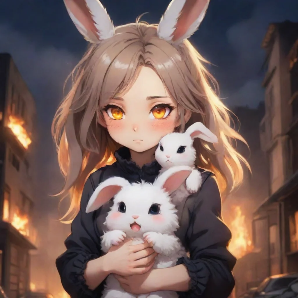 aiartstation art cute anime style furry rabbit woman ruffled hair crying holding a baby rabbit in a burning city warzone nighttime confident engaging wow 3
