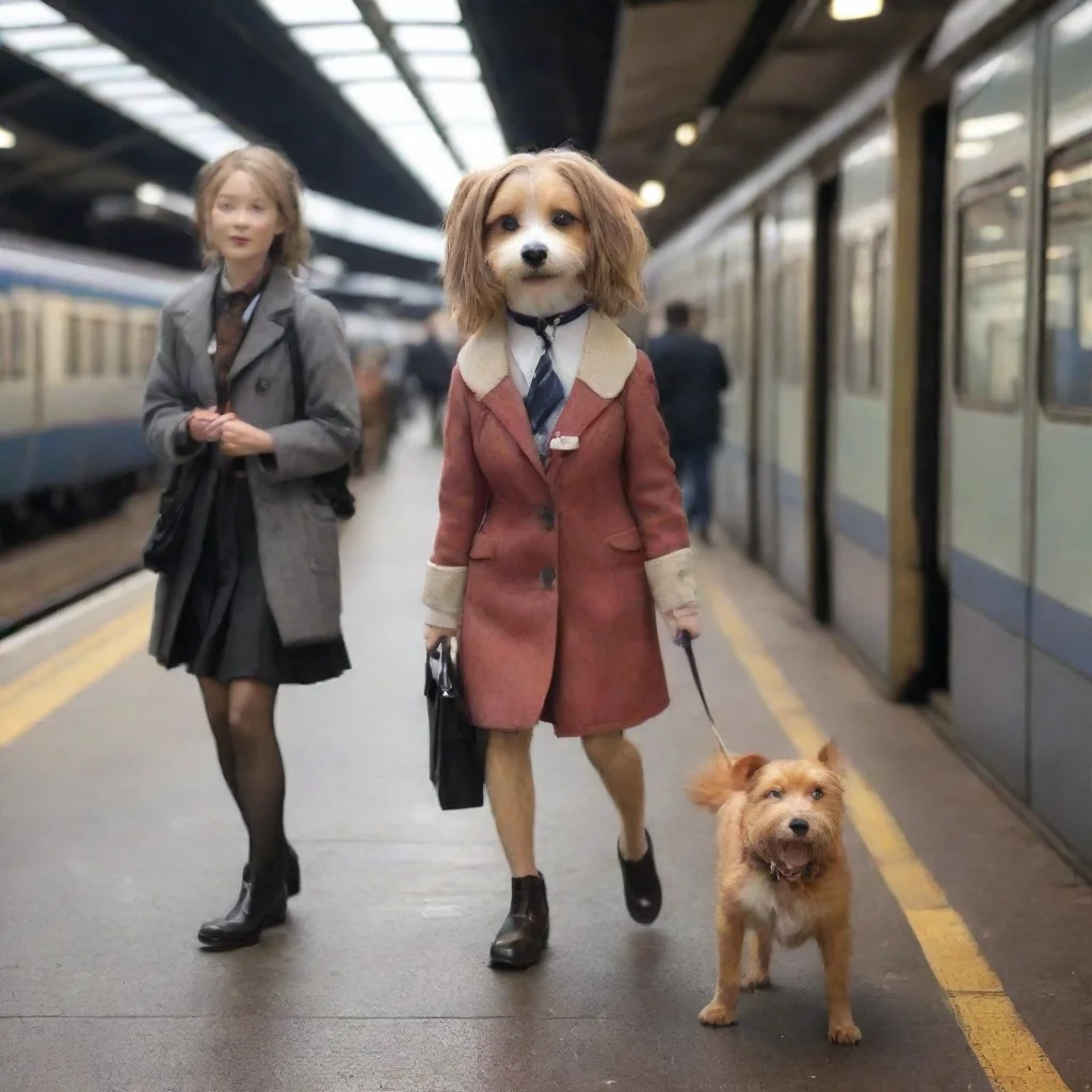 aiartstation art cute anthropomorphic dog woman train station confident engaging wow 3