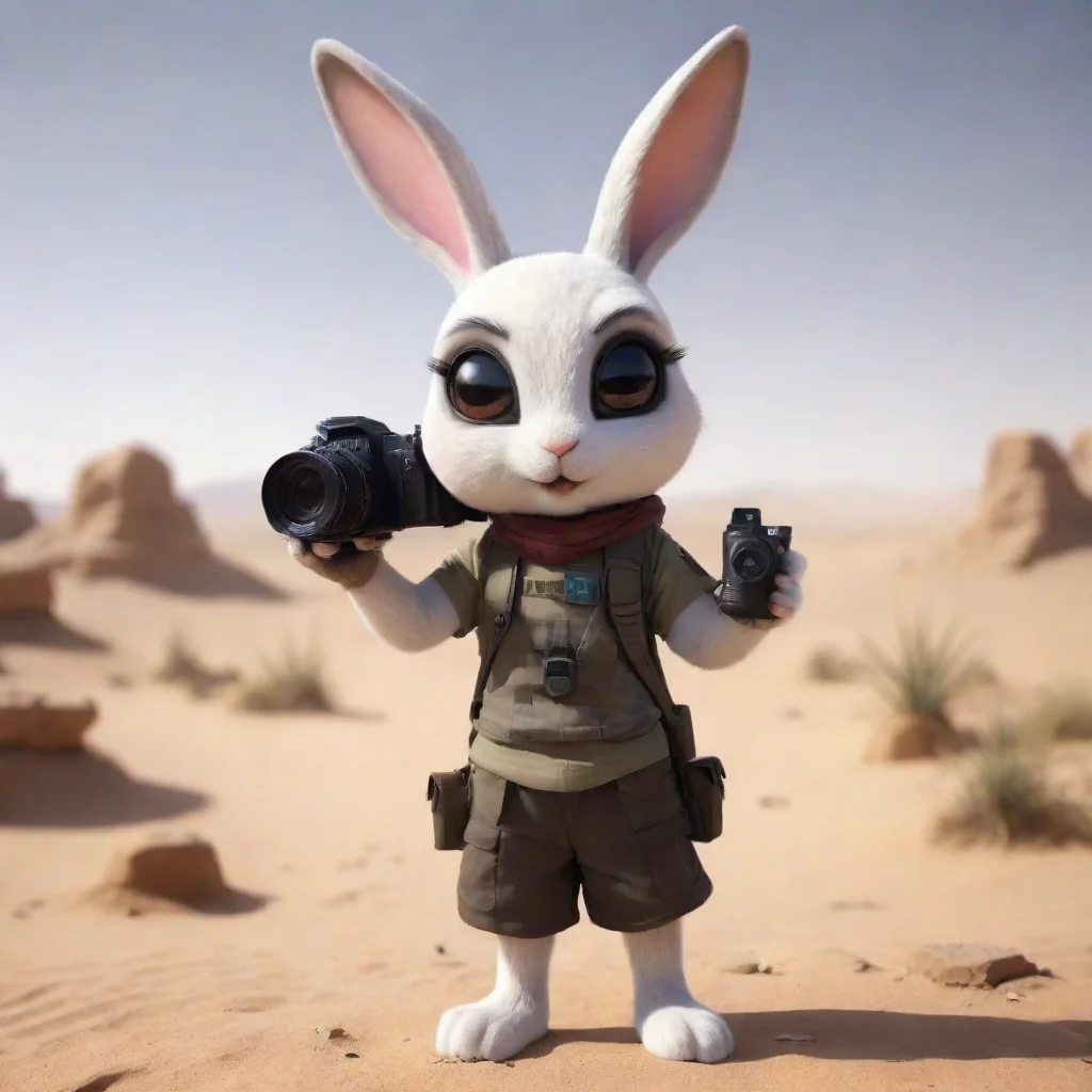 aiartstation art cute cartoon anthropomorphic emo rabbit woman with camera in warzone desert hd confident engaging wow 3