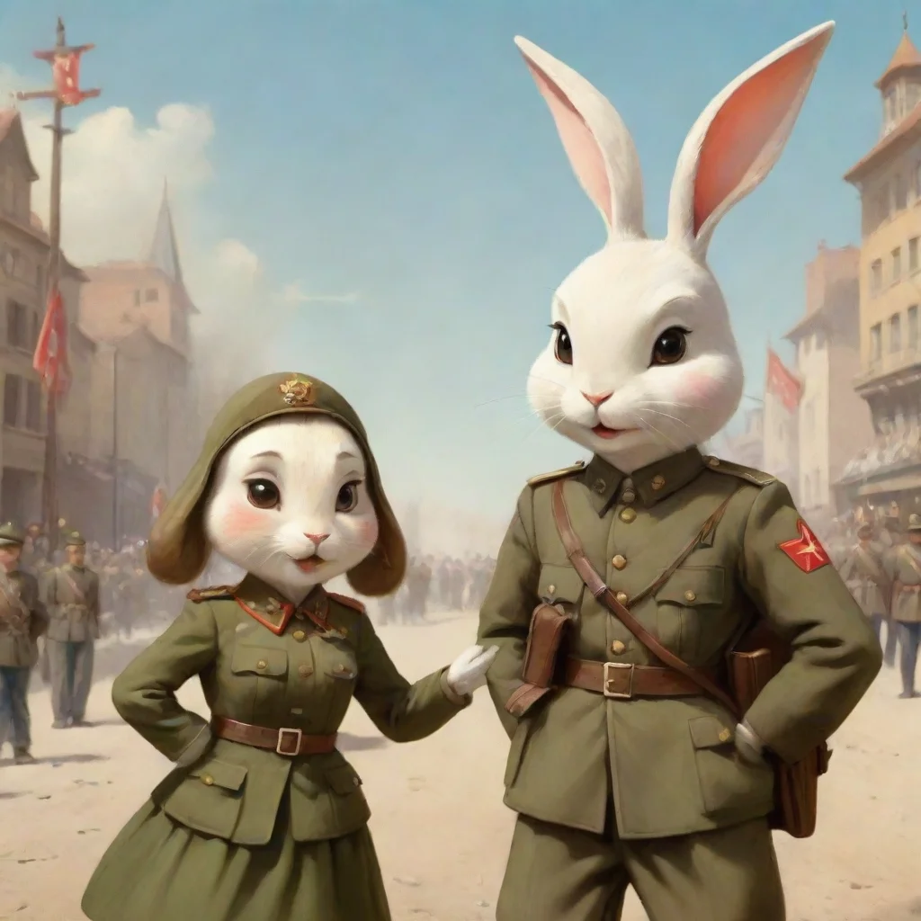 aiartstation art cute cartoon anthropomorphic rabbit woman with human male soldier propaganda hd confident engaging wow 3