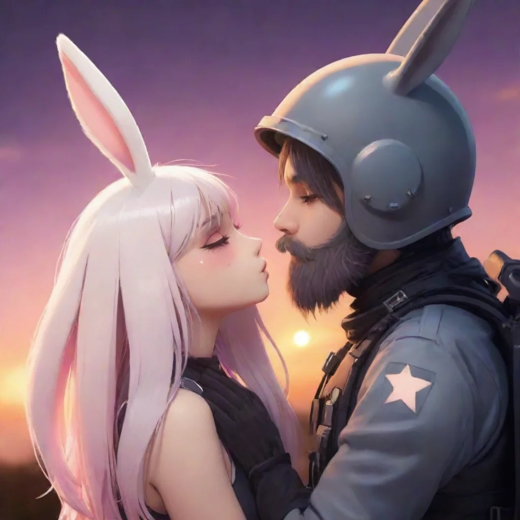 aiartstation art cute emo anthropomorphized bunny woman anime style. kissing bearded male swedish space soldier. sunset background. confident engaging wow 3