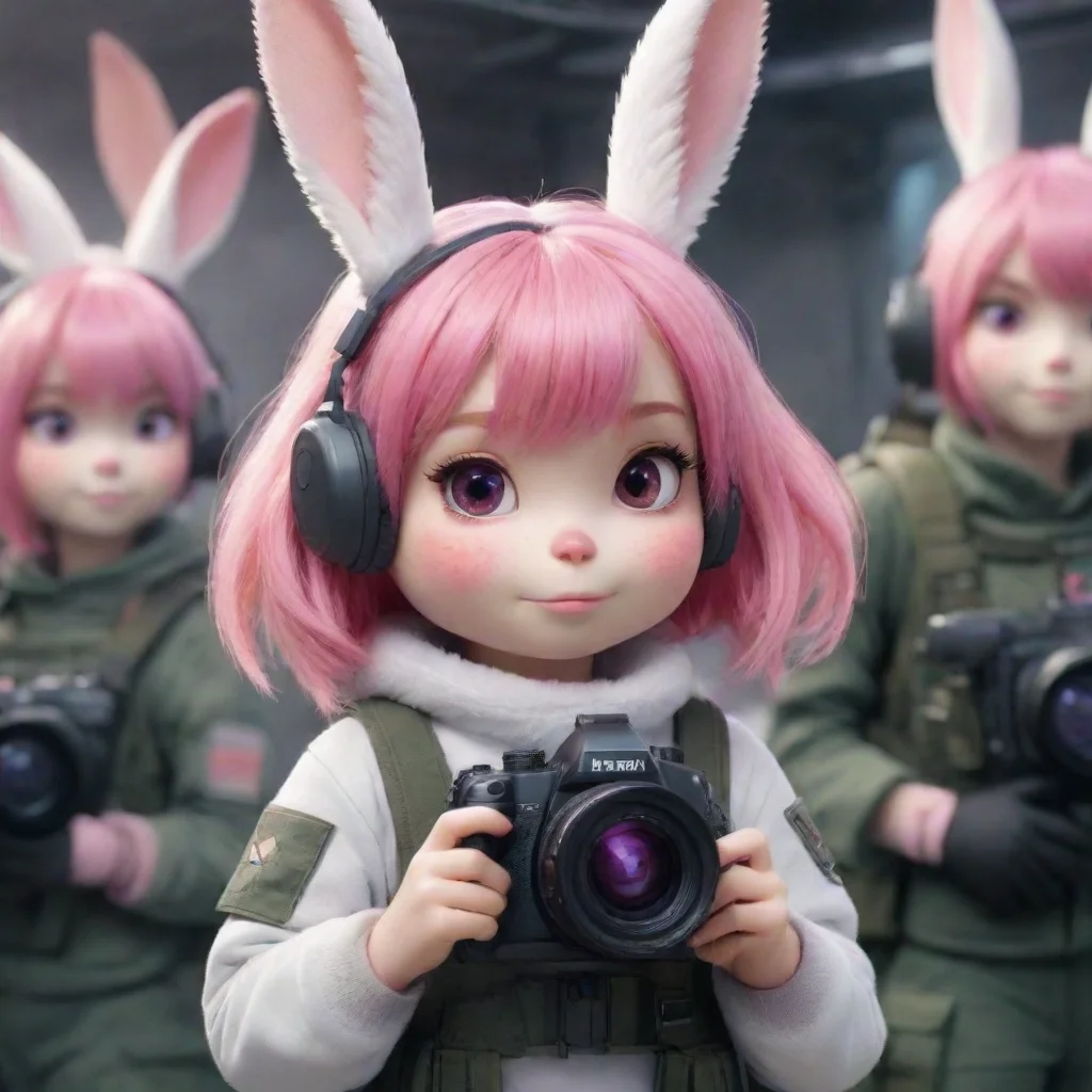 aiartstation art cute pinkhair cartoon furry rabbit woman with camera warzone swedish space soldiers in background hd confident engaging wow 3
