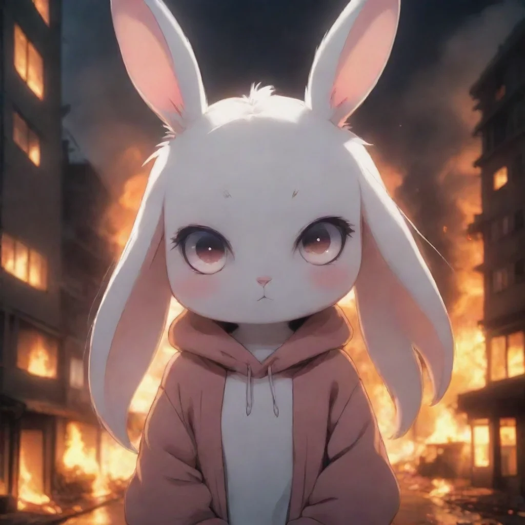 aiartstation art cute sad feminine anthropomorphic bunny in a burning city nighttime anime style confident engaging wow 3