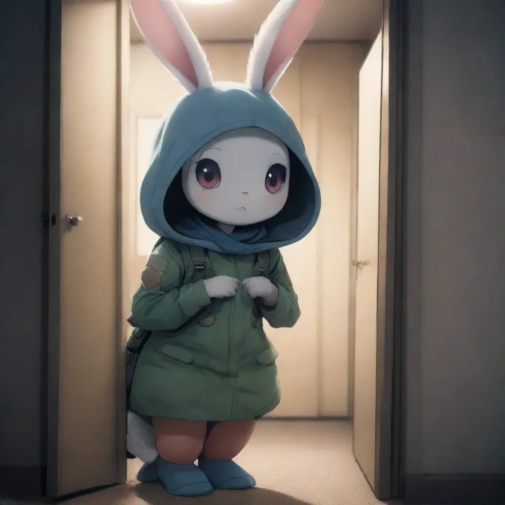 aiartstation art cute scared anthropomorphized alien bunny woman hiding from swedish space soldier apartment nighttime anime style confident engaging wow 3