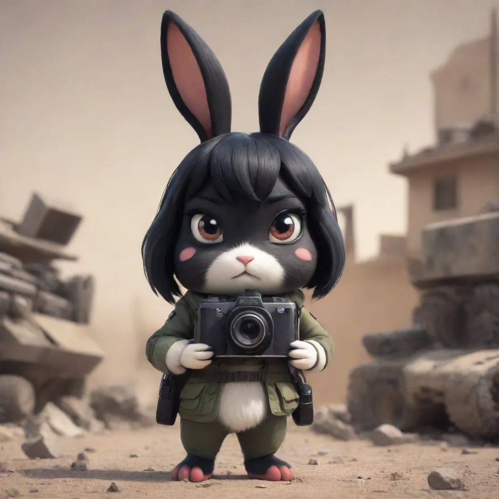 aiartstation art cute serious cartoon anthropomorphic black haired rabbit woman with camera in warzone confident engaging wow 3