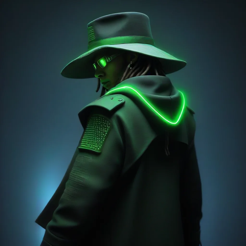aiartstation art cyberpunk dreadlocked desperado hat coat neon matrix revolver green confident engaging wow 3