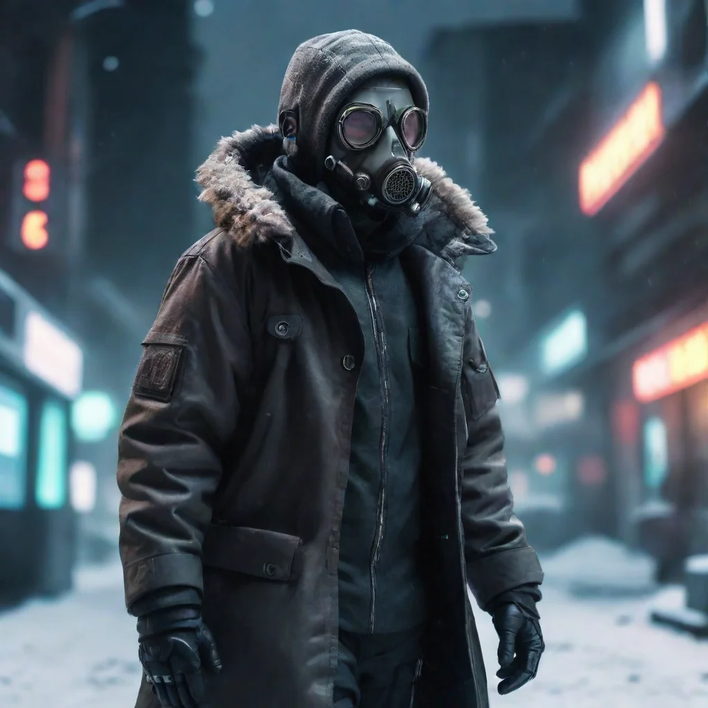 aiartstation art cyberpunk tech man with powered gas mask and winter coat confident engaging wow 3