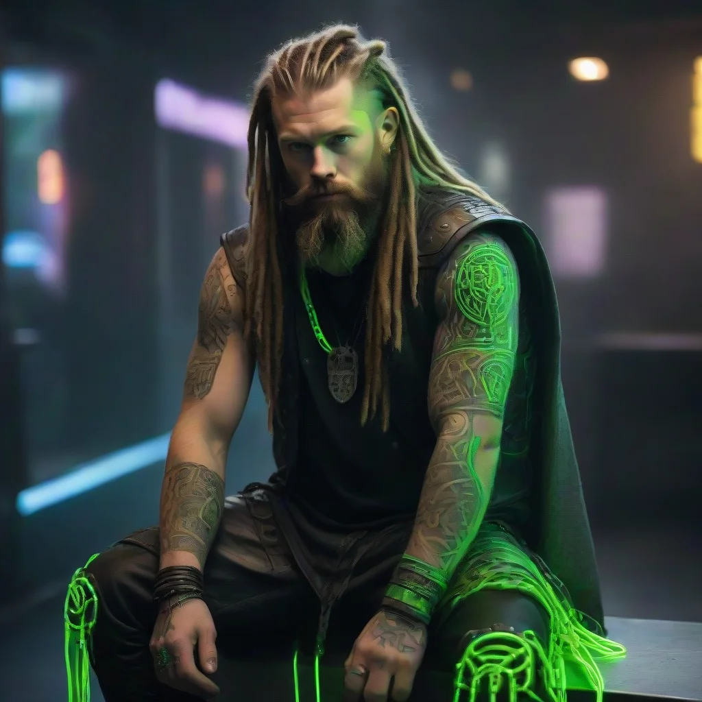 aiartstation art cyberpunk viking neon green light tattooed bearded dreadlocks wild holy thor matrix  confident engaging wow 3