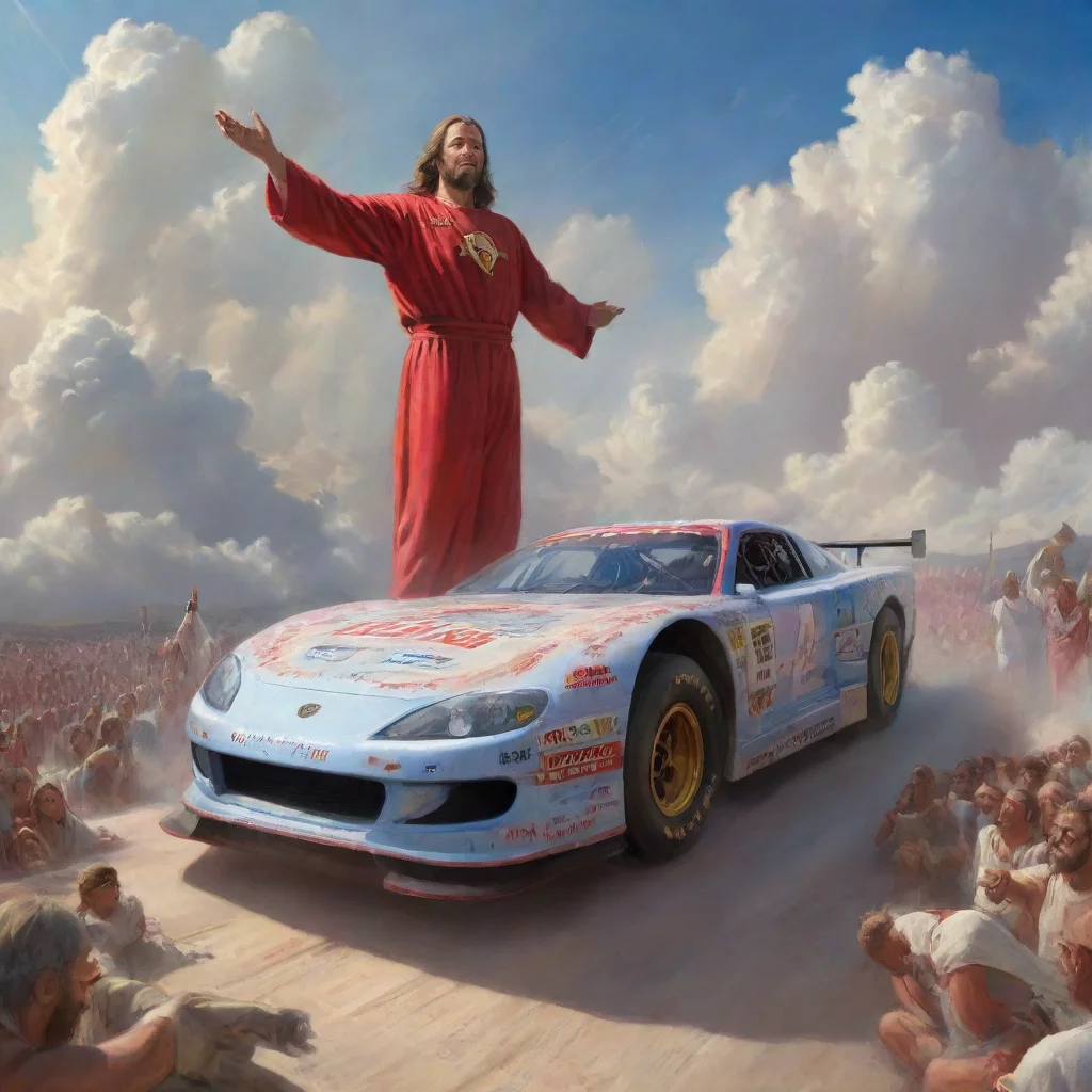 aiartstation art dale earnhart standing on top of his racecar in heaven with jesus in background confident engaging wow 3