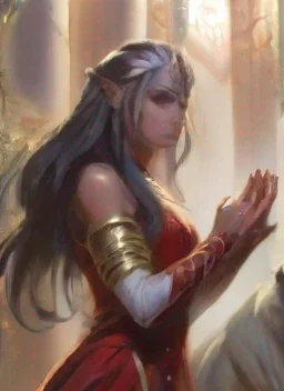 aiartstation art dark elf with long straight hair wearing a red and white dress with gold trims gently holding a diamond on the palm of her hands with a lion by her side confident engaging wow 3