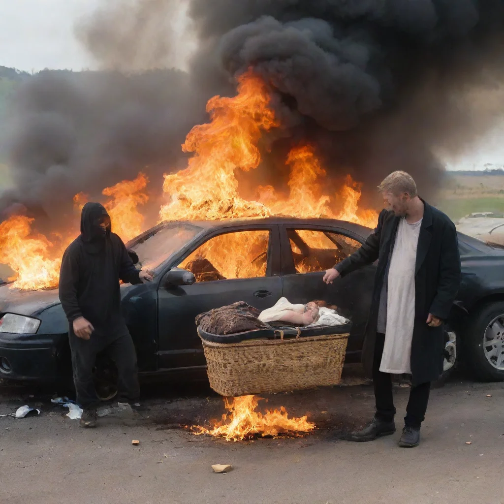 aiartstation art darkman setting a car on fire with a baby in a moses basket confident engaging wow 3