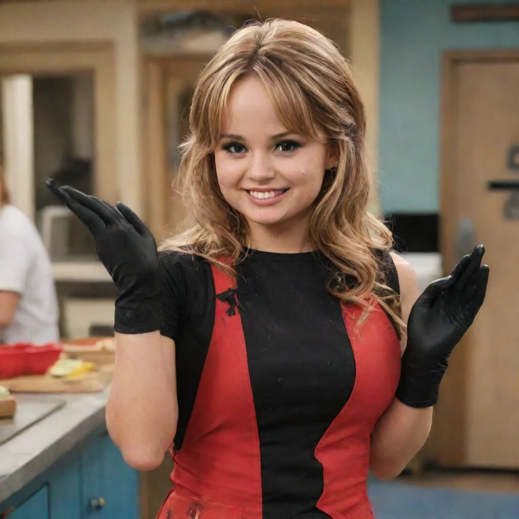 artstation art debby ryan as bailey pickett from suite life on deck  smiling with black nitrile gloves and gun and mayonnaise splattered everywhere confident engaging wow 3