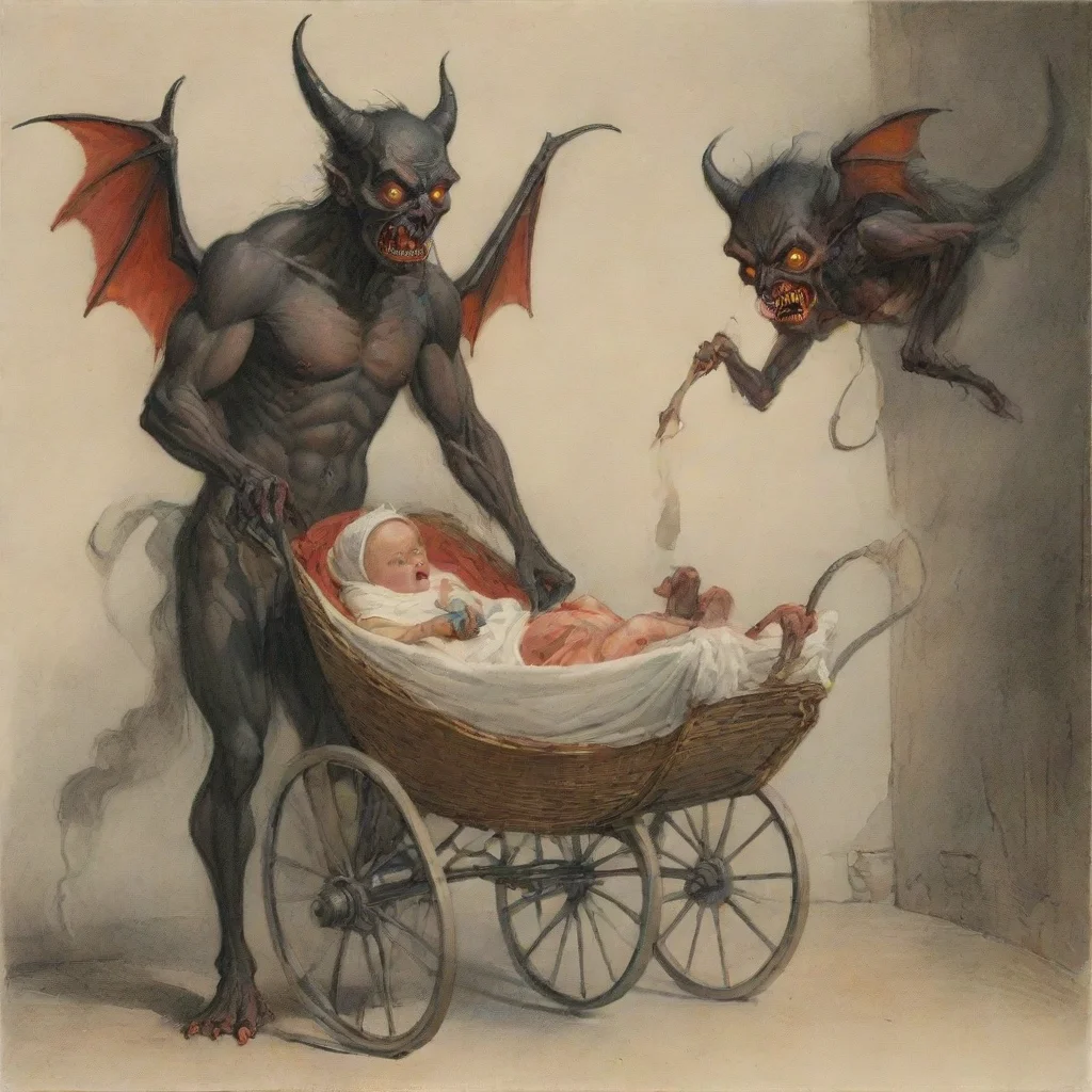 aiartstation art demons with a newborn baby in a buggy confident engaging wow 3