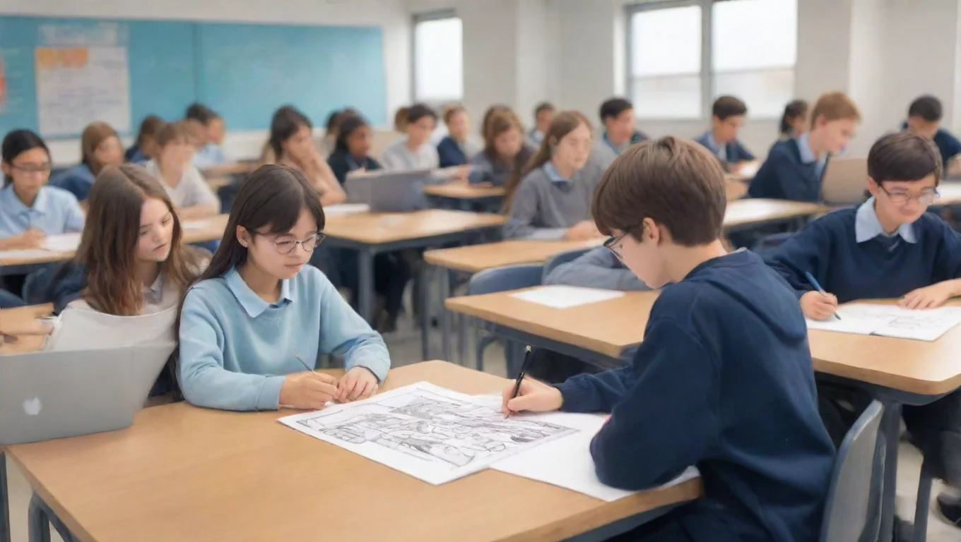 artstation art draw a cover that includes students in a school using ai learning courses 20 years later. it is innovative and has a sense of technology. confident engaging wow 3 widescreen