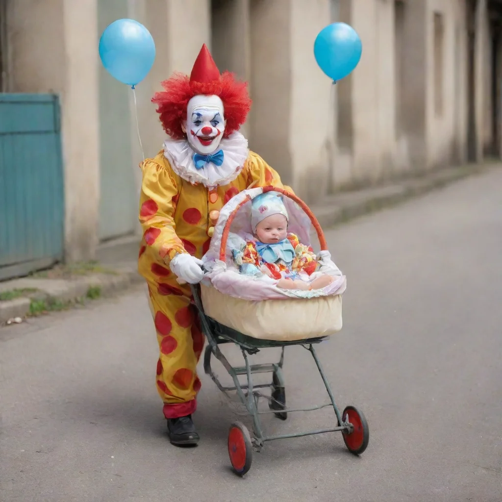 aiartstation art dressed clown pushing a buggy with a newborn baby in it confident engaging wow 3