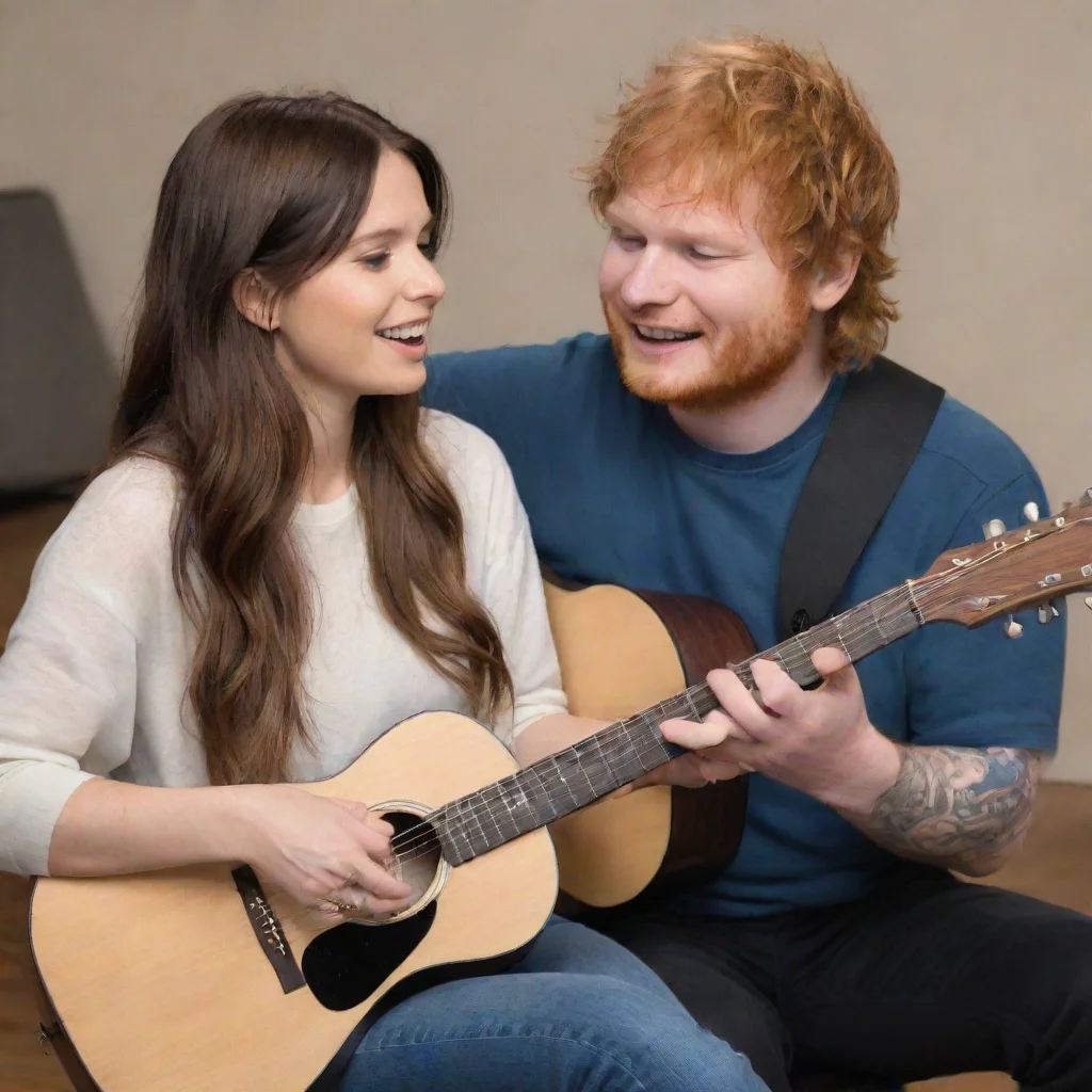 aiartstation art ed sheeran giving a white brunette woman with long hair a guitar lesson confident engaging wow 3