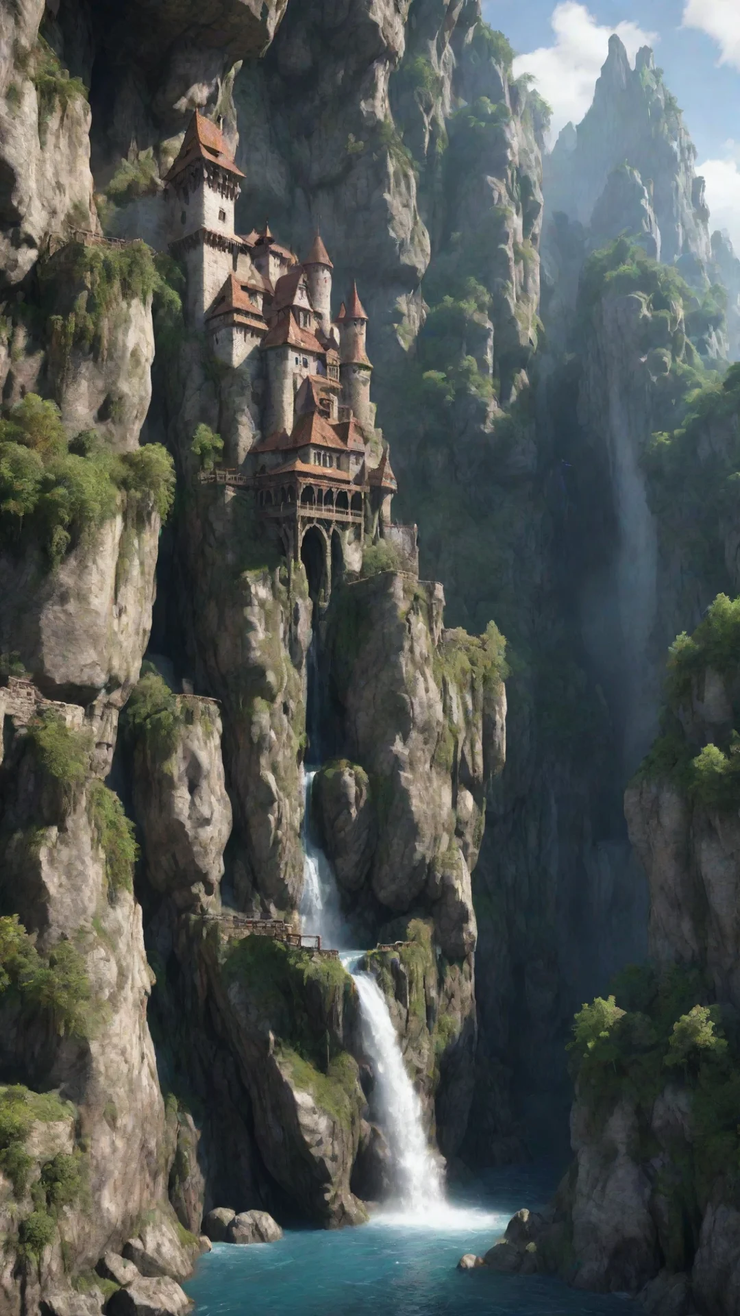aiartstation art elfish castle on extreme cliff overhangs caves hd detailed realistic asthetic lovely waterfalls confident engaging wow 3 tall