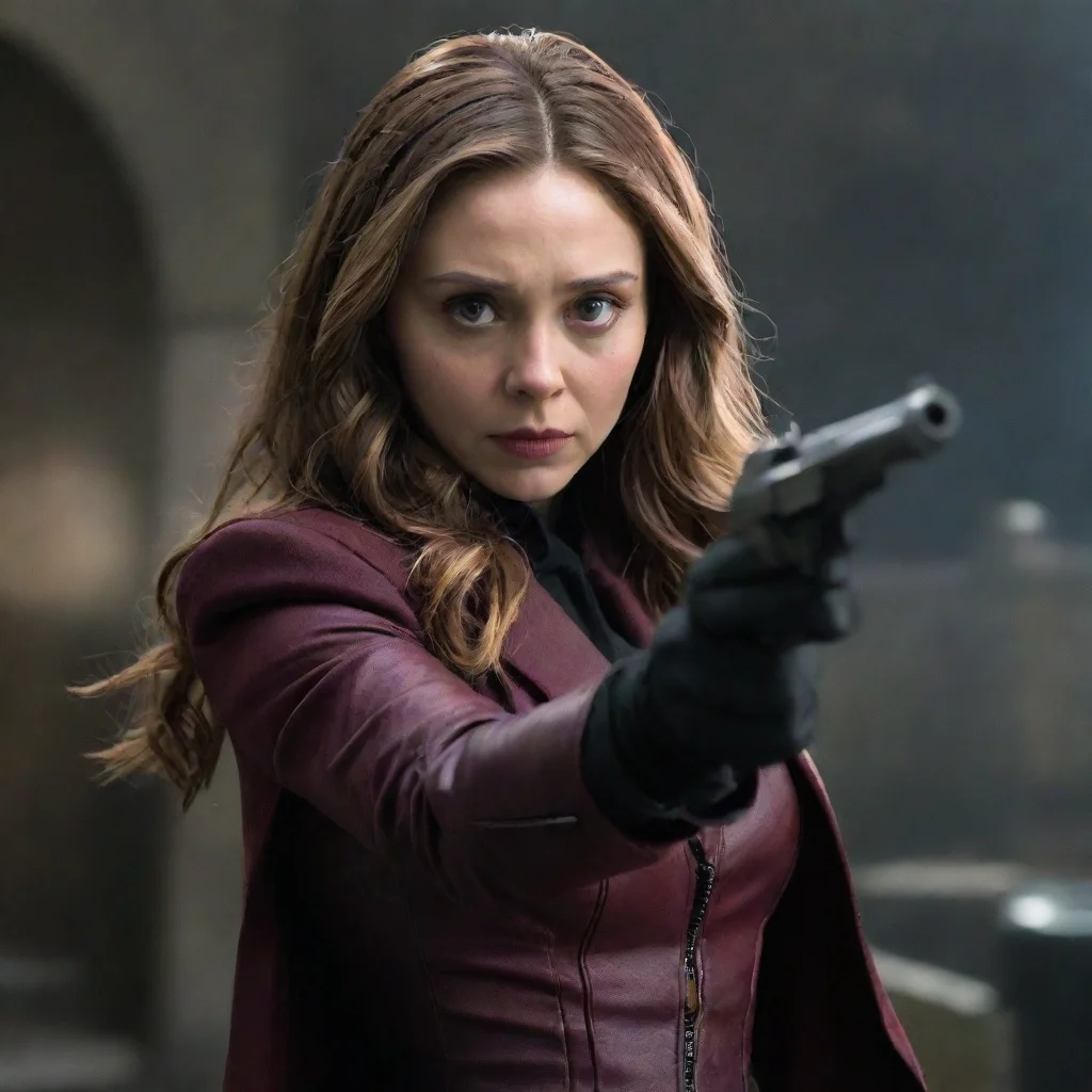 aiartstation art elizabeth olsen as scarlett witch with black gloves and gun confident engaging wow 3