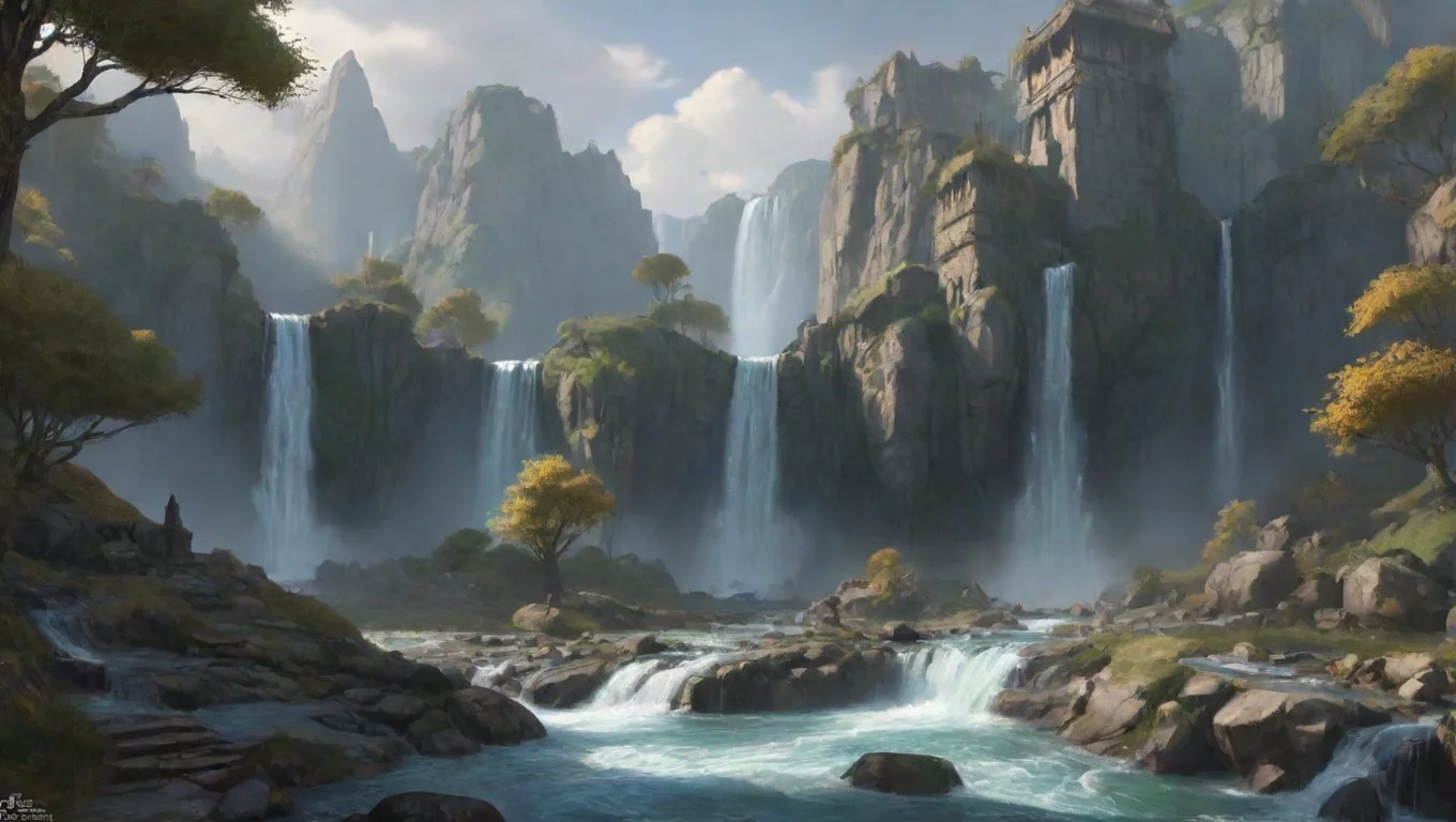 aiartstation art environment art hd waterfalls surrounding elfish town lotr vibe aesthetic best quality confident engaging wow 3 widescreen