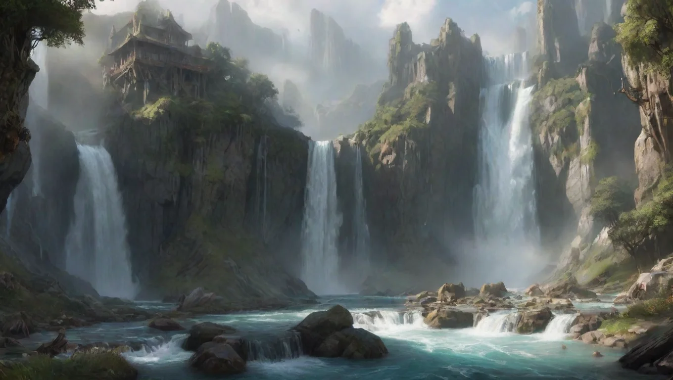 aiartstation art environment art hd waterfalls surrounding elfish town lotr vibe aesthetic best quality heavenly wonderland confident engaging wow 3 widescreen