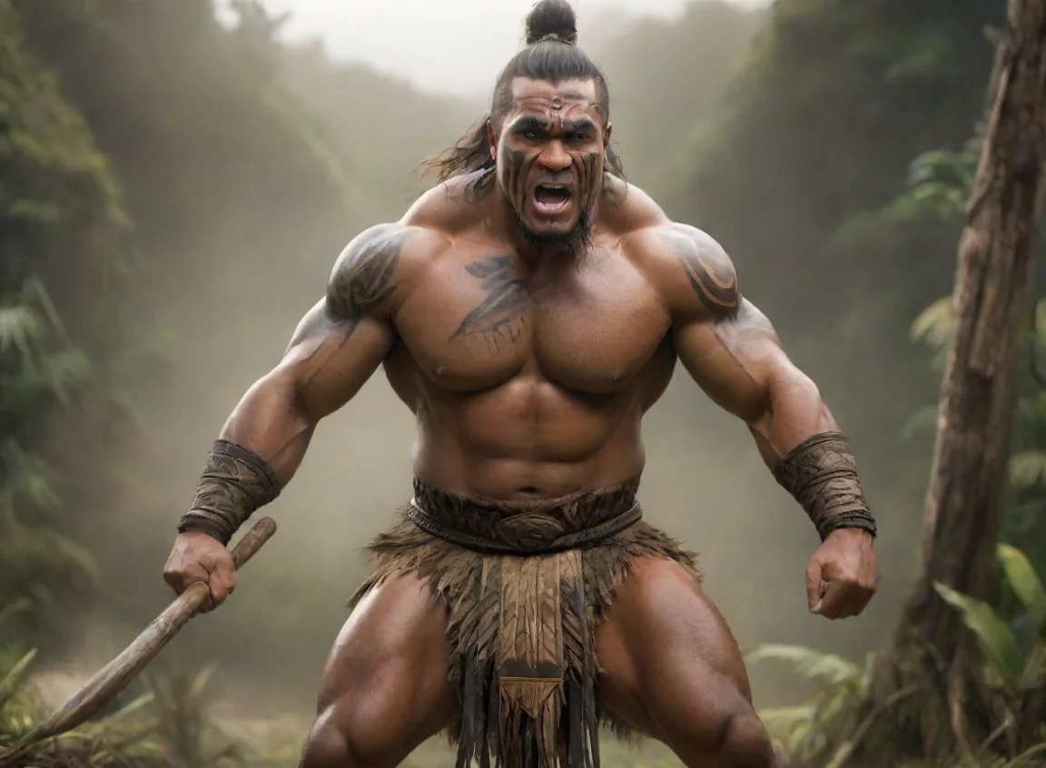 artstation art epic character strong haka kind hearted warrior pacific islander new zealand maori wooden spear hd wow realistic  confident engaging wow 3 landscape43