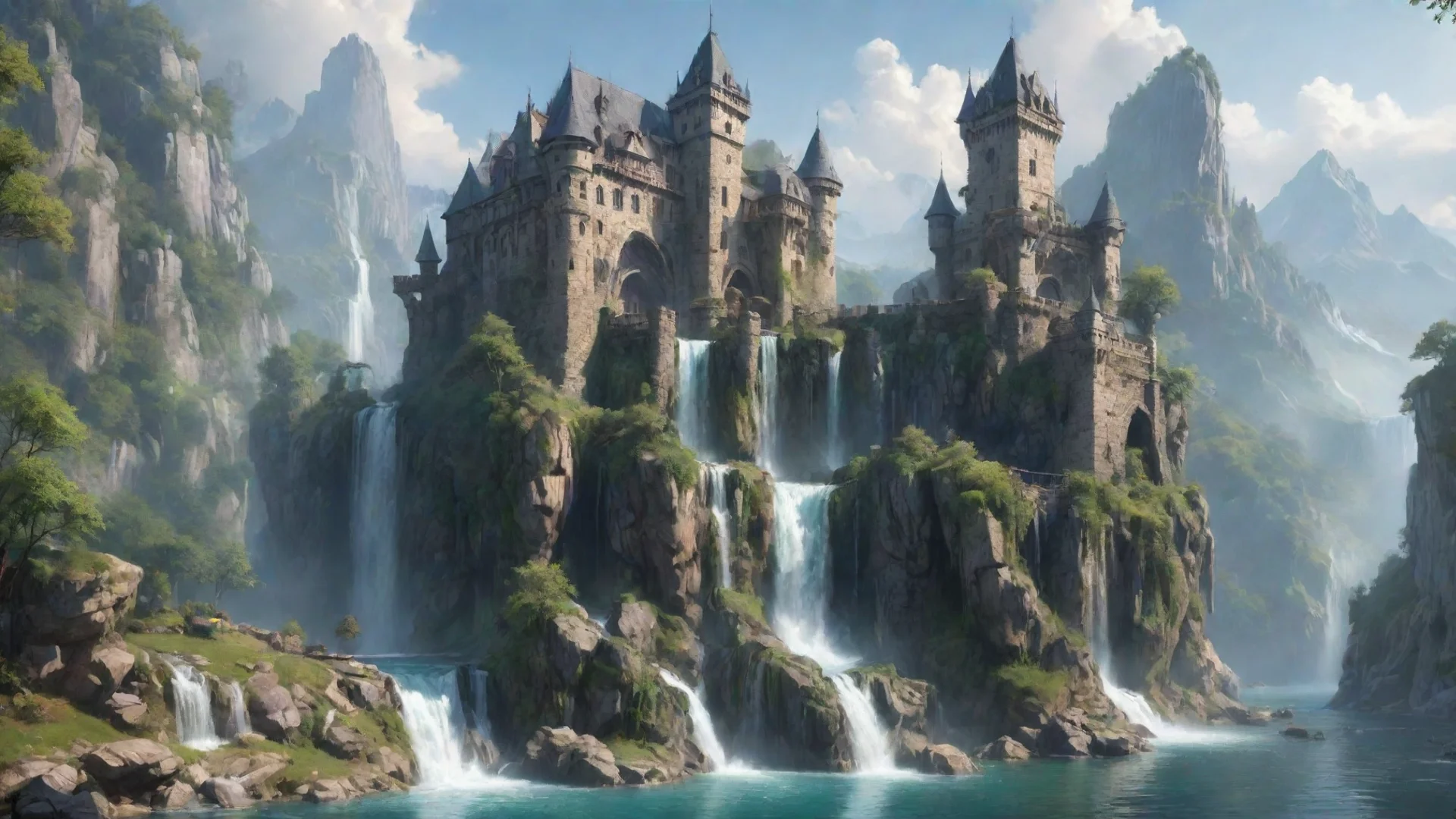 aiartstation art epic peacefulness tranquil waterfall waterfalls castle on lake environment hd beauty artstation best  confident engaging wow 3 wide