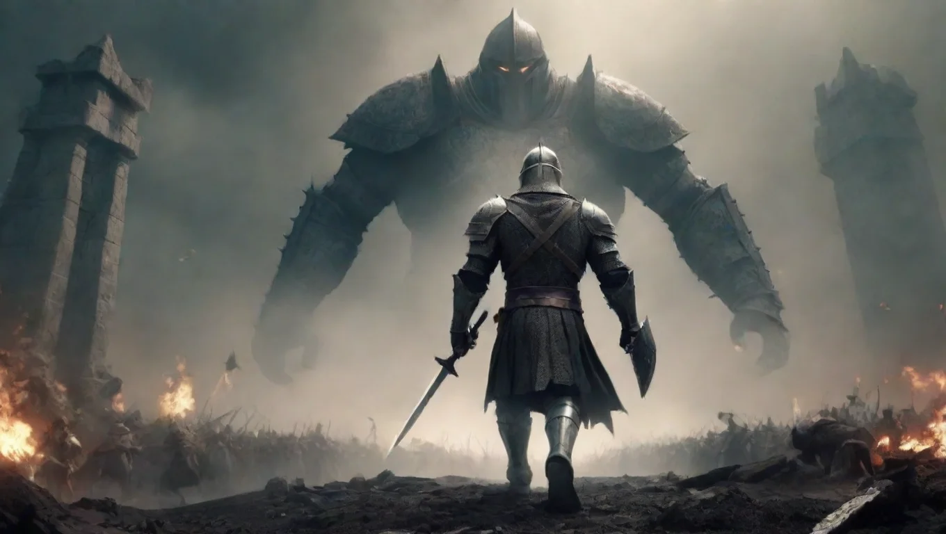 aiartstation art epic warrior hd knight walking toward giant battle with illuminati confident engaging wow 3 widescreen