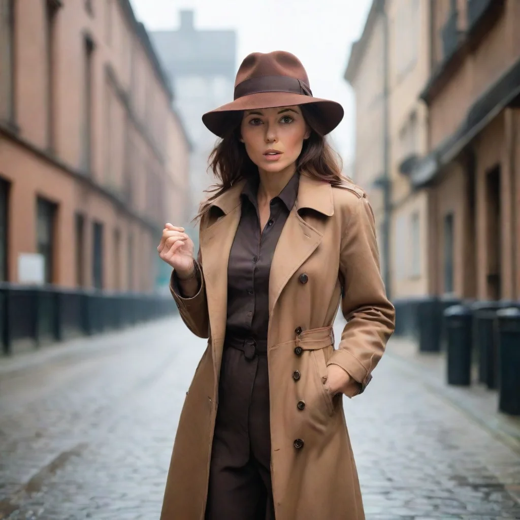 aiartstation art female detective with a brown hat and long trenchcoat. she has a look of fear and surprise on her face.  confident engaging wow 3