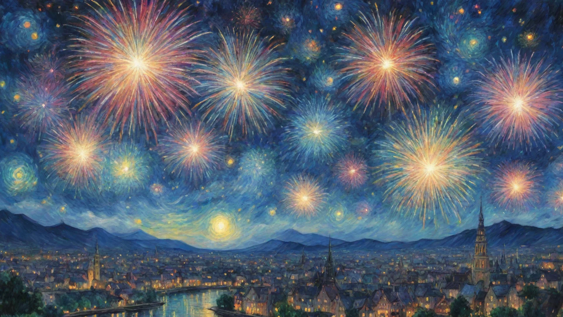 aiartstation art fireworks in sky epic lovely artistic ghibli van gogh happyness bliss peace  detailed asthetic confident engaging wow 3 wide