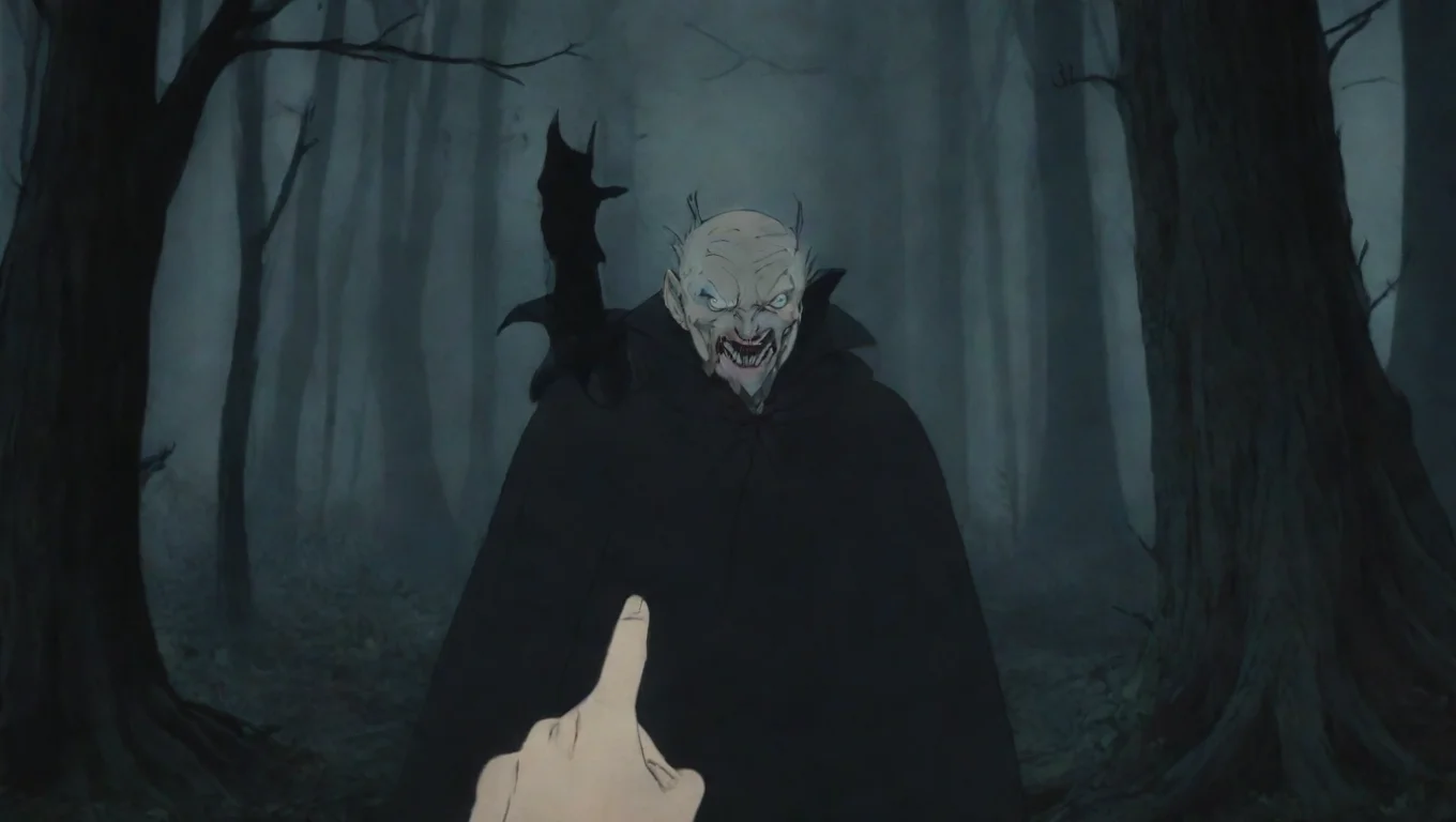 aiartstation art first person with old rifle pointing at vampire approaching in woods first person hd ghibli anime aesthetic dark horror 1800 vibe confident engaging wow 3 widescreen