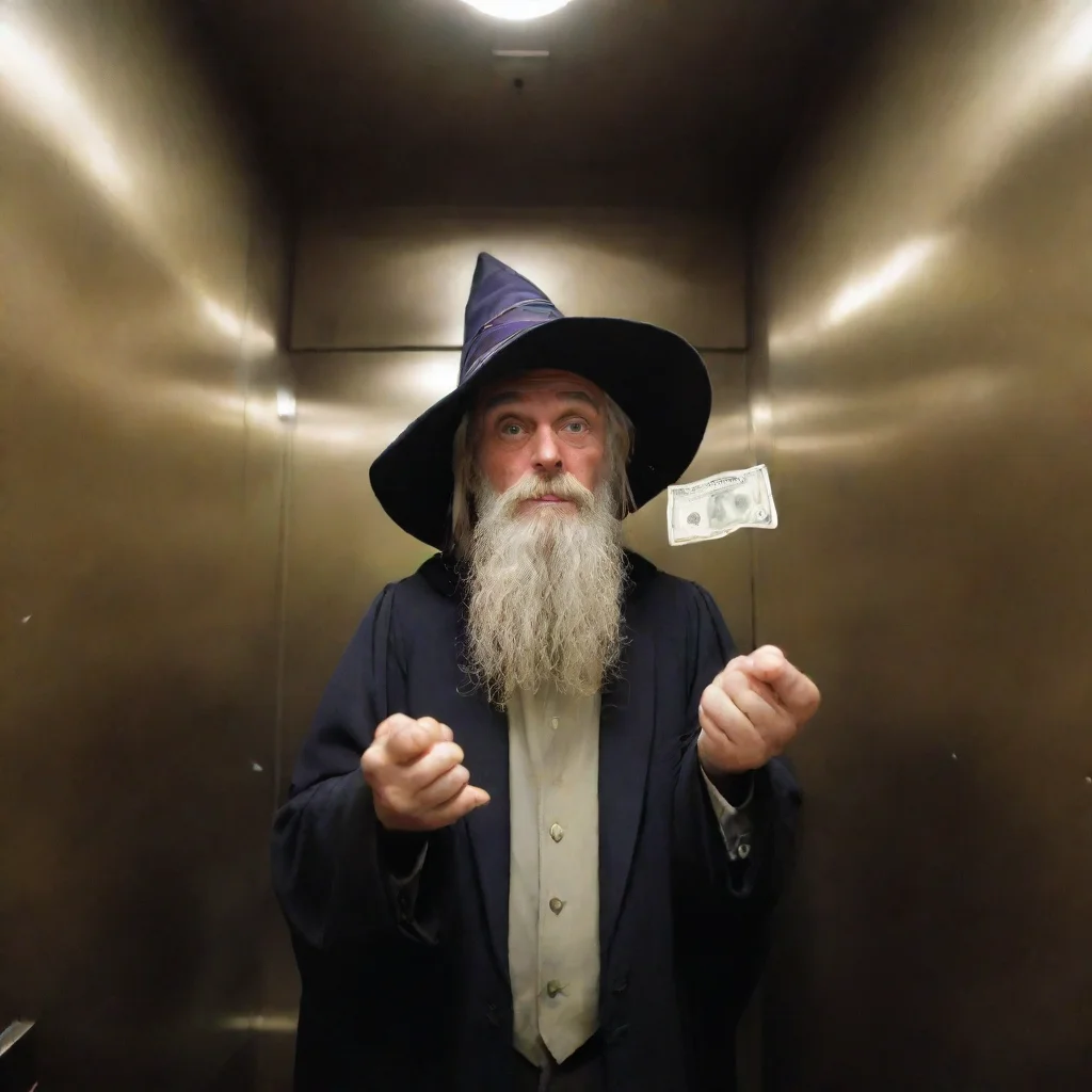 artstation art fisheye wizard in an elevator giving money confident engaging wow 3