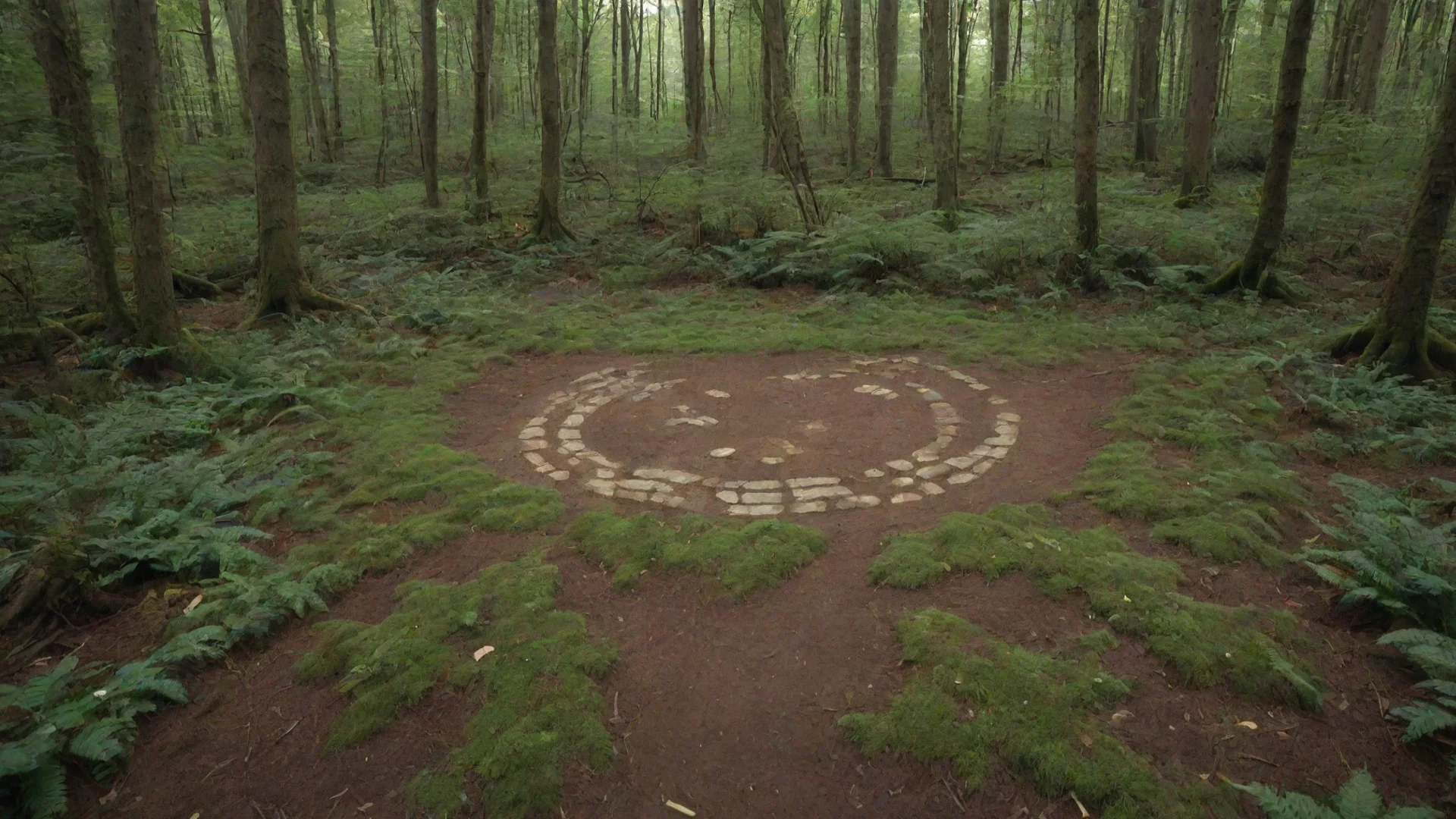 aiartstation art forest floor with path in the middle with room for a circular logo in the middle 3360 x 840 in jpg format confident engaging wow 3 wide