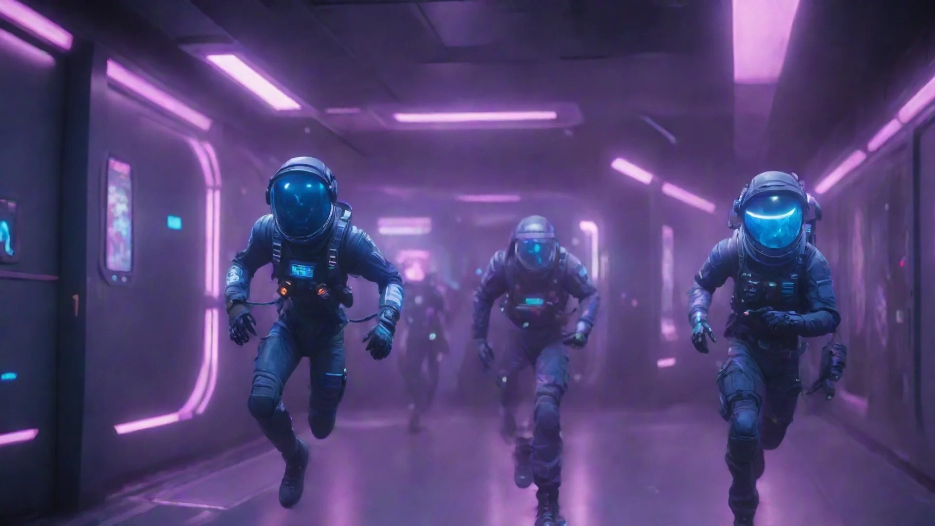 aiartstation art fortnite style space suits running away from zombies in space station neon lights illuminating hall confident engaging wow 3 hdwidescreen