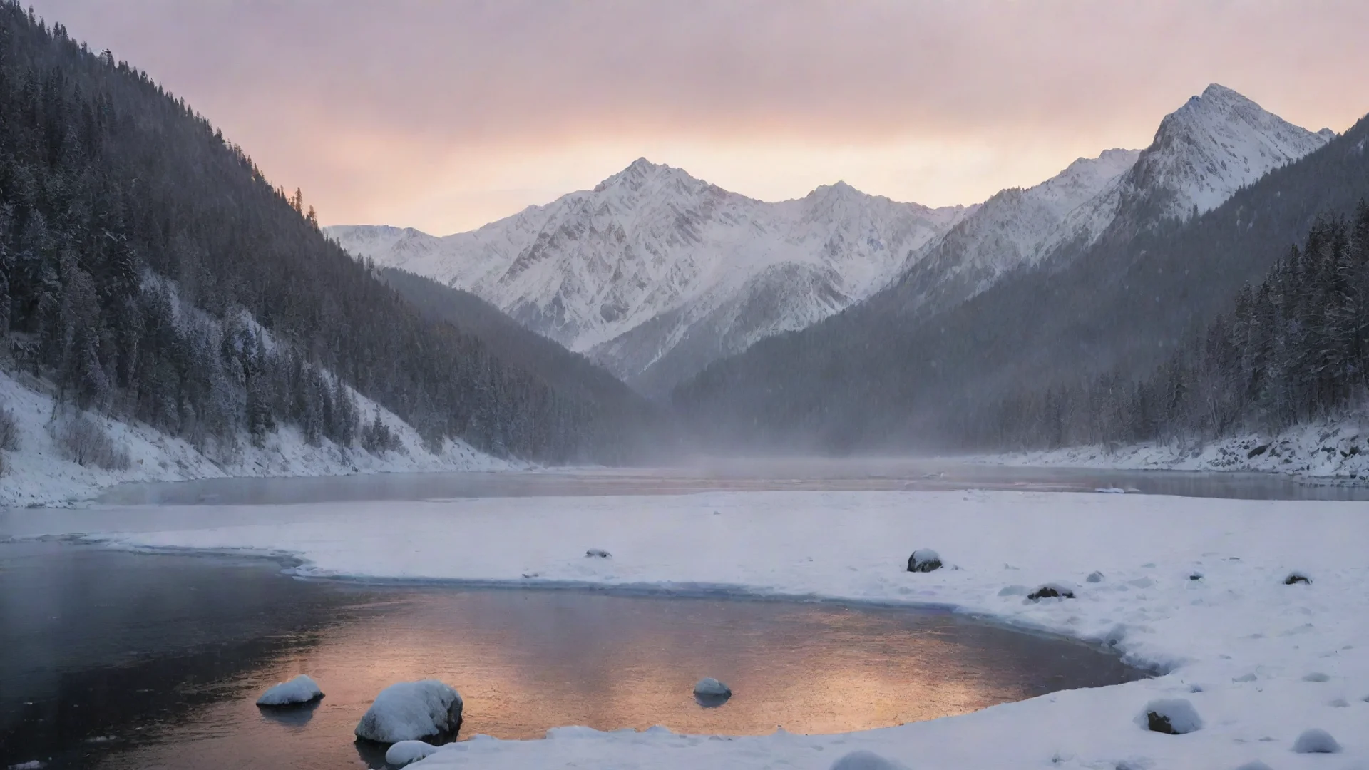 aiartstation art frozen lake with snow falling down in a mountainous background and during a sunset confident engaging wow 3 wide