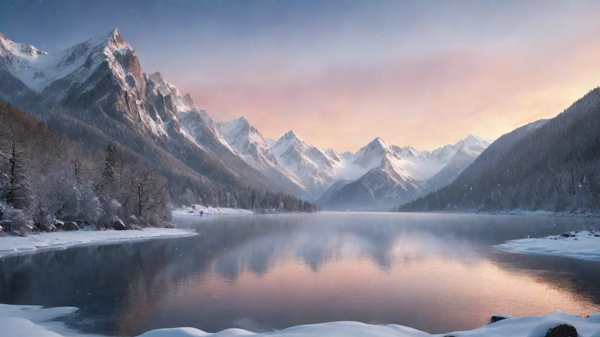 aiartstation art frozen lake with snow falling down in a mountainous background and during a sunset in a graphical design confident engaging wow 3 wide