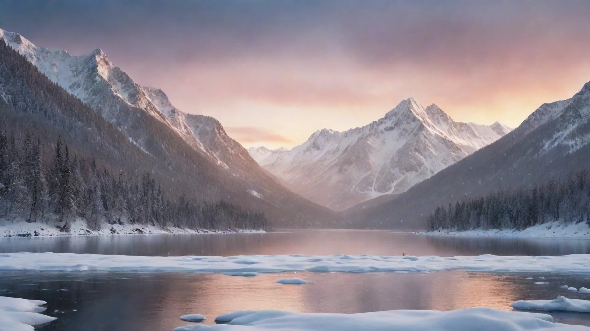 aiartstation art frozen lake with snow falling down in a mountainous background and during a sunset in graphic design confident engaging wow 3 wide
