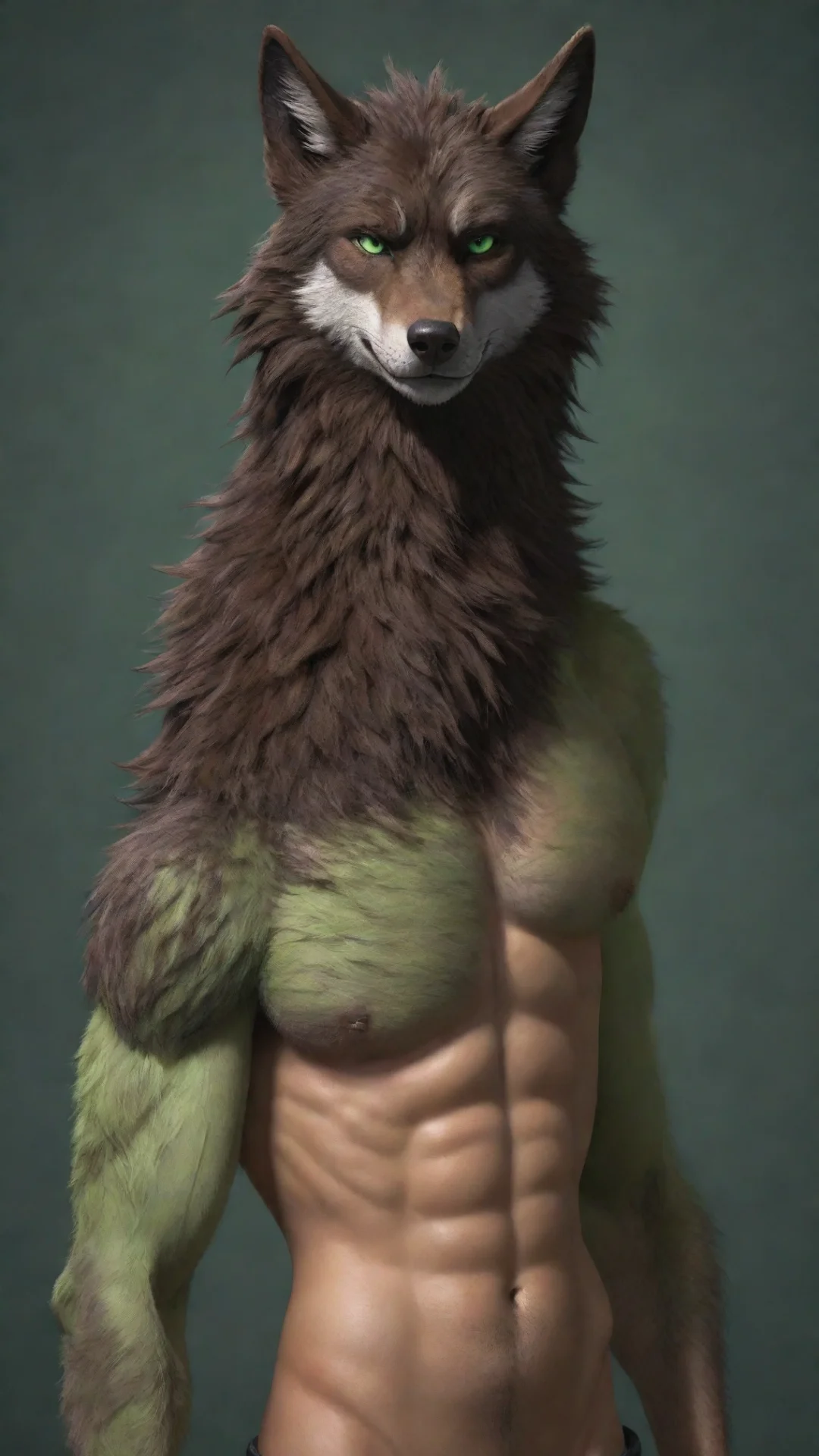 aiartstation art furry anthropomorphic hd male detailed shirtless toned wolf green eyes dark brown fur confident engaging wow 3 hdtall