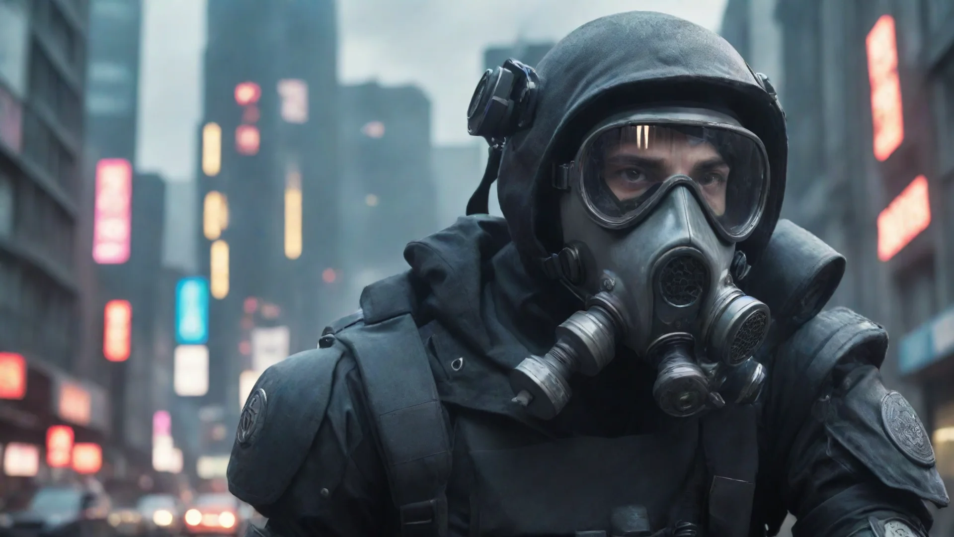 aiartstation art future cyber punk police man wearing gas mask in a large city ai confident engaging wow 3 wide