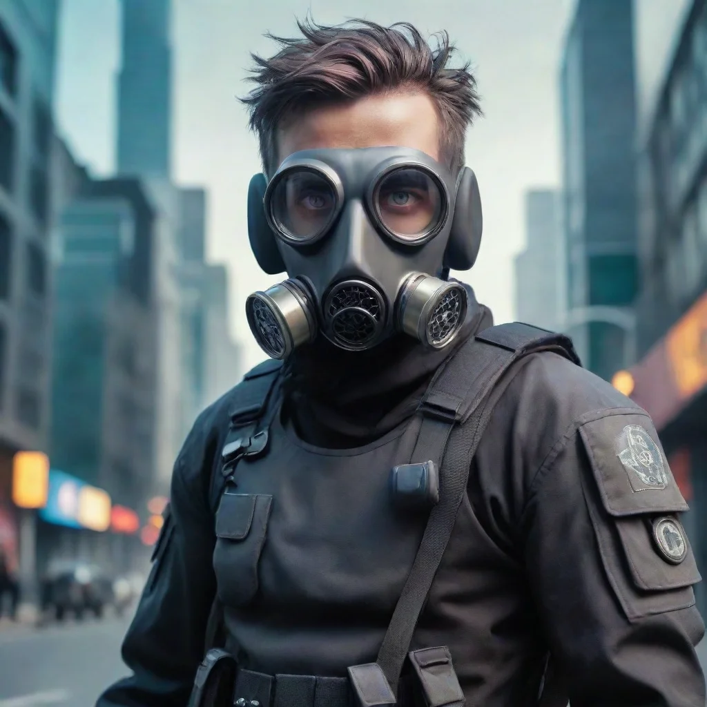 aiartstation art future cyber punk police man wearing gas mask in a large city with cartoon style confident engaging wow 3
