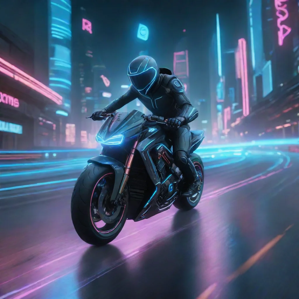 aiartstation art futuristic cyberpunk motorcycle dashing down the highway towards a futuristic city in the style of tron confident engaging wow 3