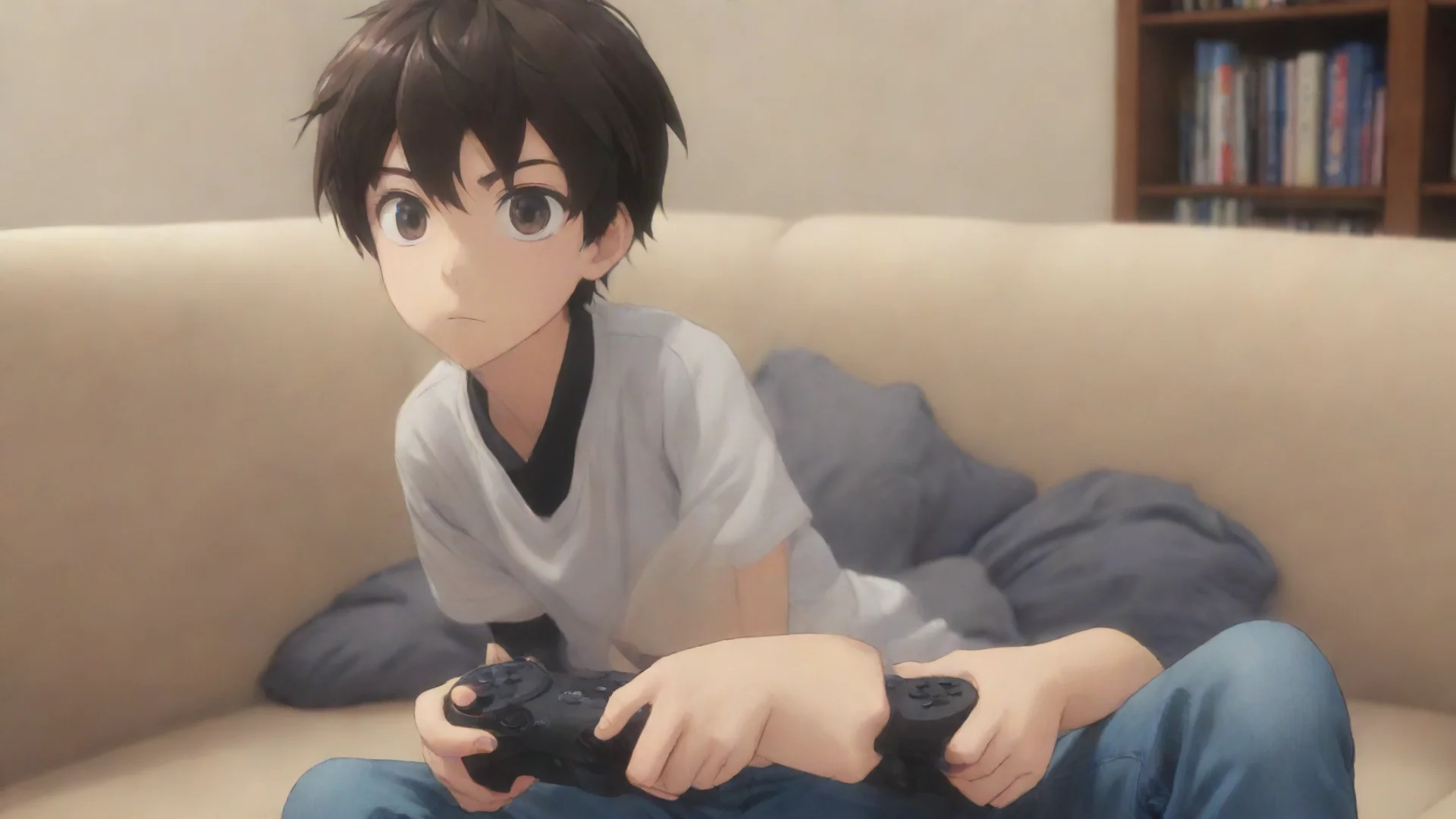 aiartstation art gamer boy anime cartoon on the couch playing games confident engaging wow 3 hdwidescreen
