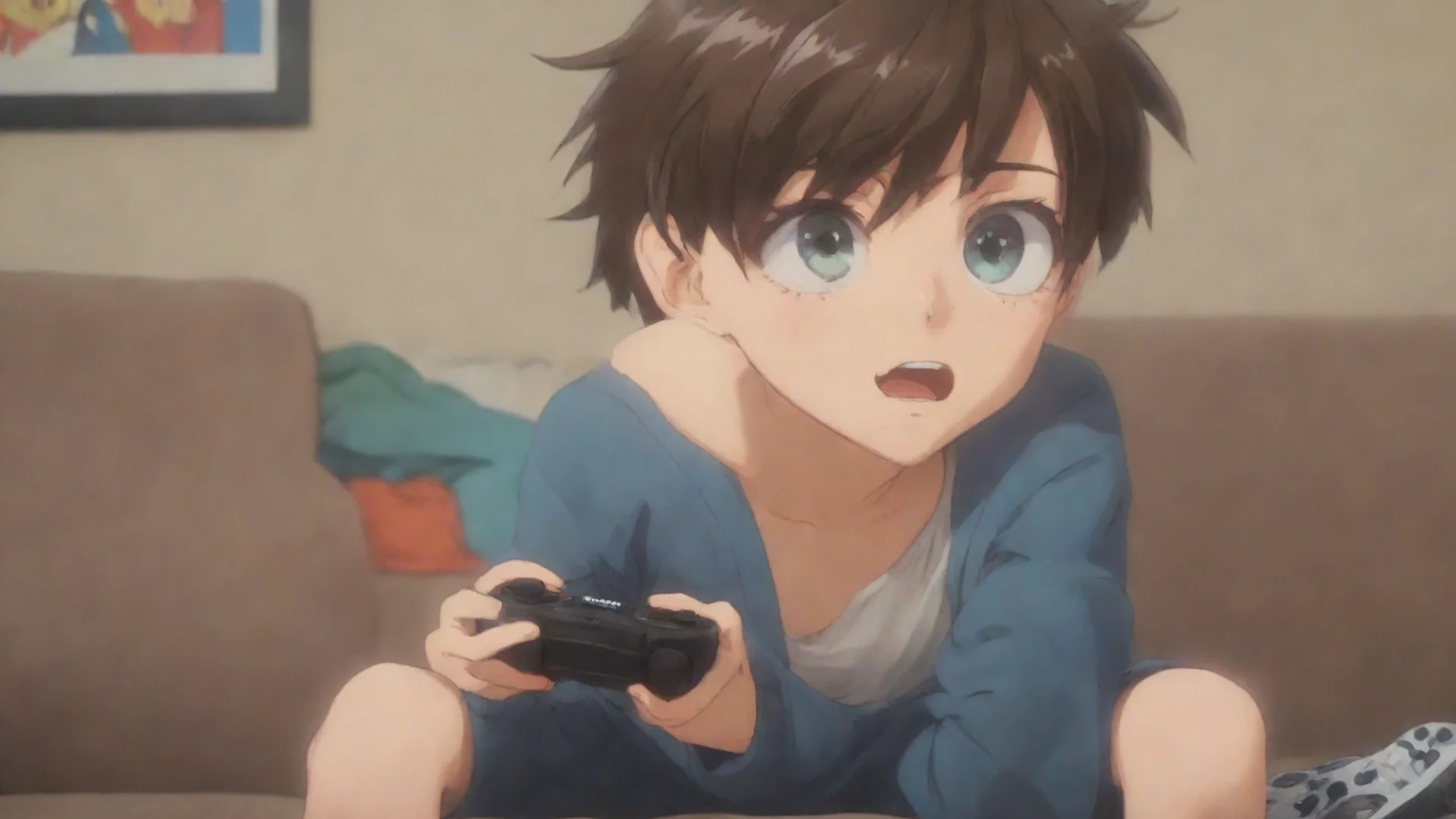 aiartstation art gamer kid anime cartoon on the couch playing games confident engaging wow 3 hdwidescreen