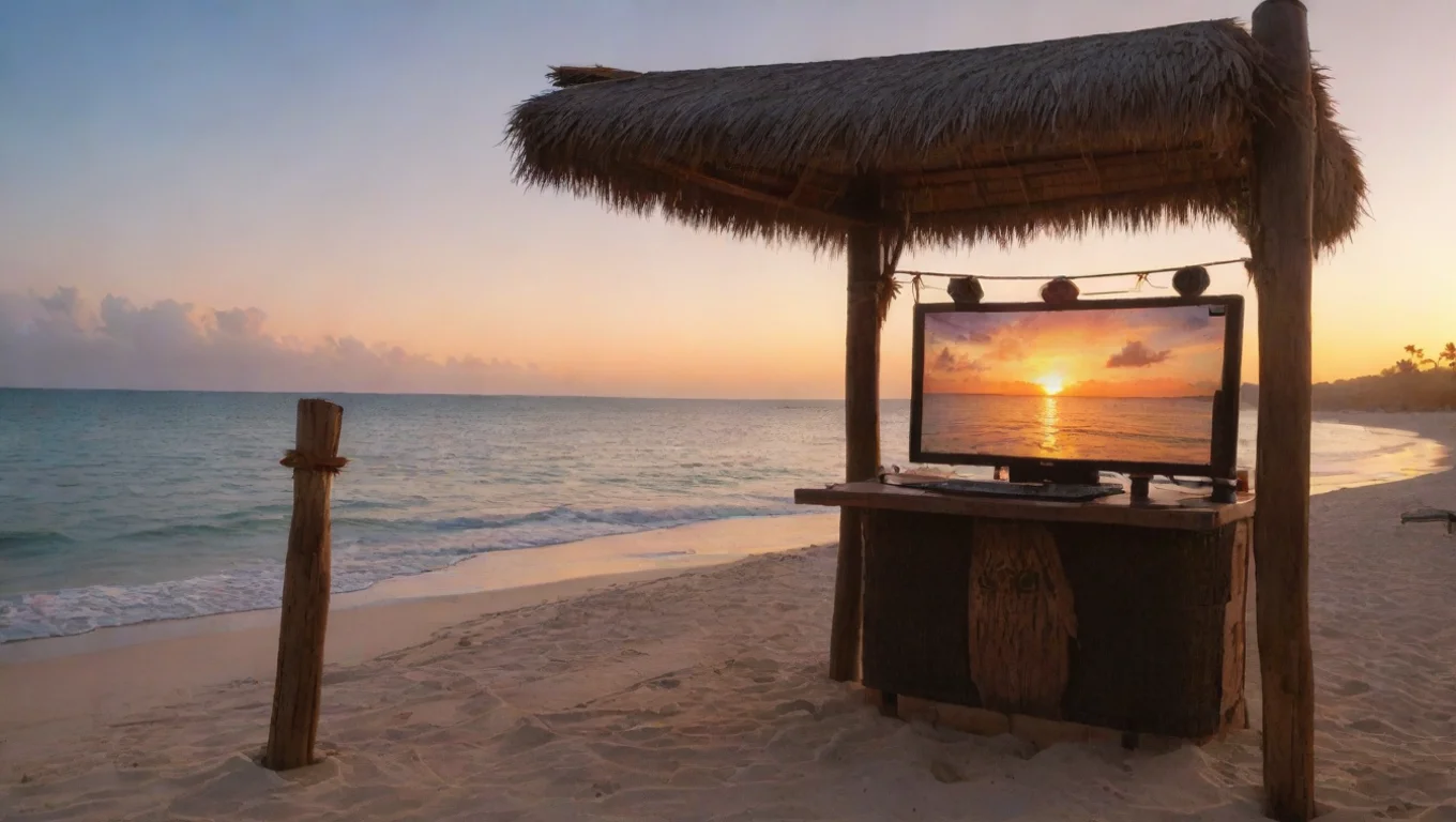 aiartstation art gaming pc set up at a tiki bar on the beach at sunset confident engaging wow 3 widescreen